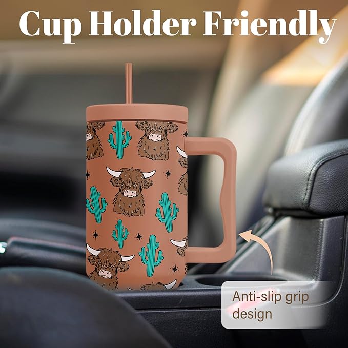 Highland Cow Tumbler, Cow Yak Bull Cup Gifts For Men, Cute Yak Cuctus Tumbler With Handle 40 Oz, Birthday Gifts For Cowboy Animal Enthusiasts, Cuctus Khaki Insulated Tumblers Cup