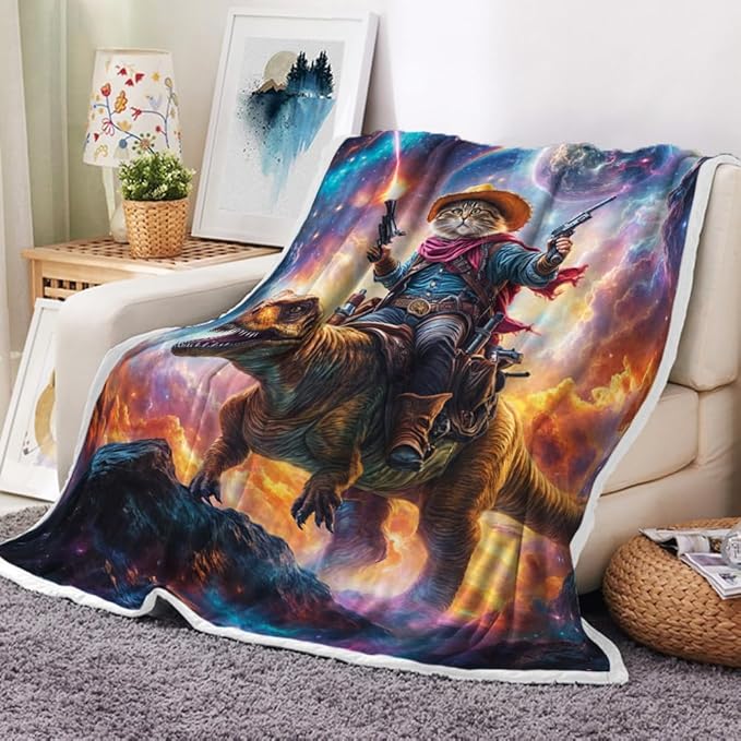 Funny Cat Dinosaur Blanket, Blue Galaxy Space Rainbow Decor Throw Blanket Cozy Plush Flannel Fleece Warm Soft Lightweight Fuzzy Blanket Funny Gifts for Boys Girls Teens Women for Bed Sofa Couch