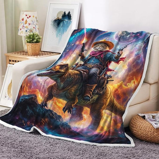 Funny Cat Dinosaur Blanket, Blue Galaxy Space Rainbow Decor Throw Blanket Cozy Plush Flannel Fleece Warm Soft Lightweight Fuzzy Blanket Funny Gifts for Boys Girls Teens Women for Bed Sofa Couch