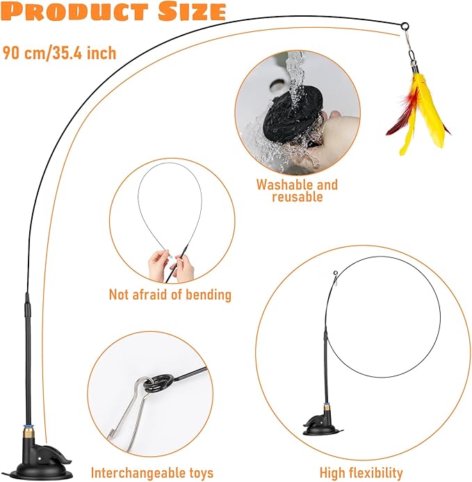 Cat Feather Toys, 10PCS Cat Toys with Super Suction Cup, Detachable 2PCS Cat Wand Toys & 6PCS Replacement Teaser Refills with Bell, Interactive Cat Toy for Indoor Cats Kitten Play Exercise