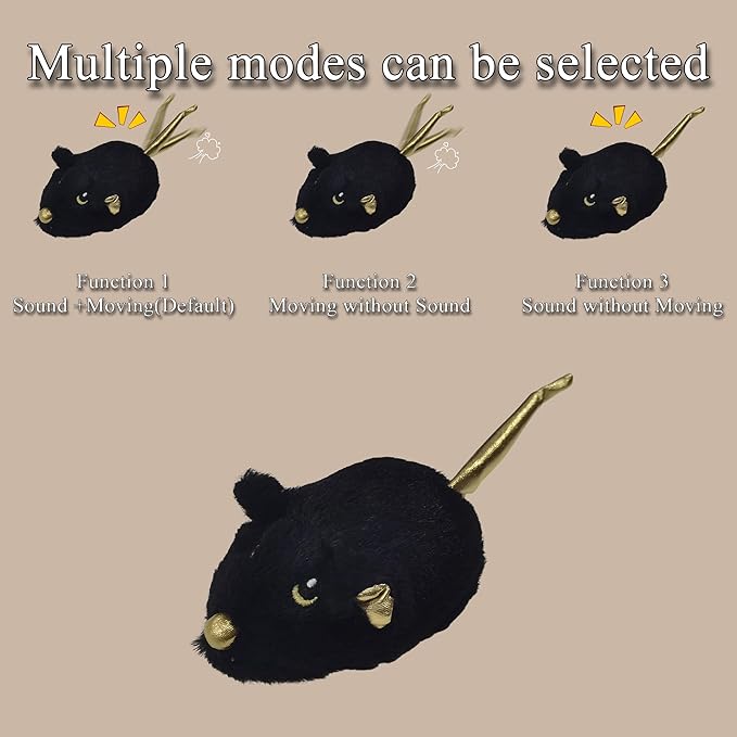 Cat Toys Squeaky Rechargeable Moving Mouse with Dynamic Magic Tail, Automatic Self Play Mouse Interactive Cat Toy for Indoor Cats, Kitten's Electric Multi-Mode Activated Mouse Toy (Black)