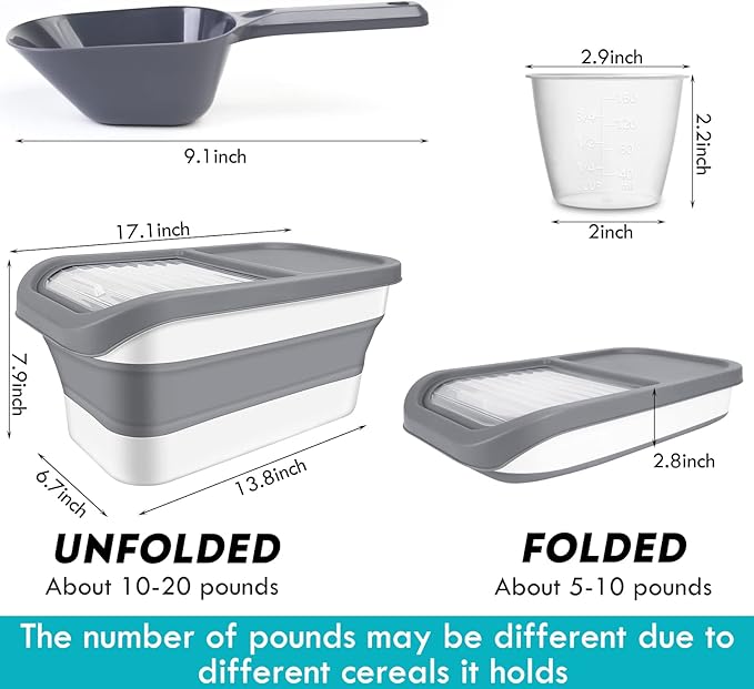 Pet Food Storage Containers, Collapsible Cat Food Container with Transparent Sliding Lid,10-13 lb Plastic Dog Food Bin with Measuring Cup and Dog Food Scoop