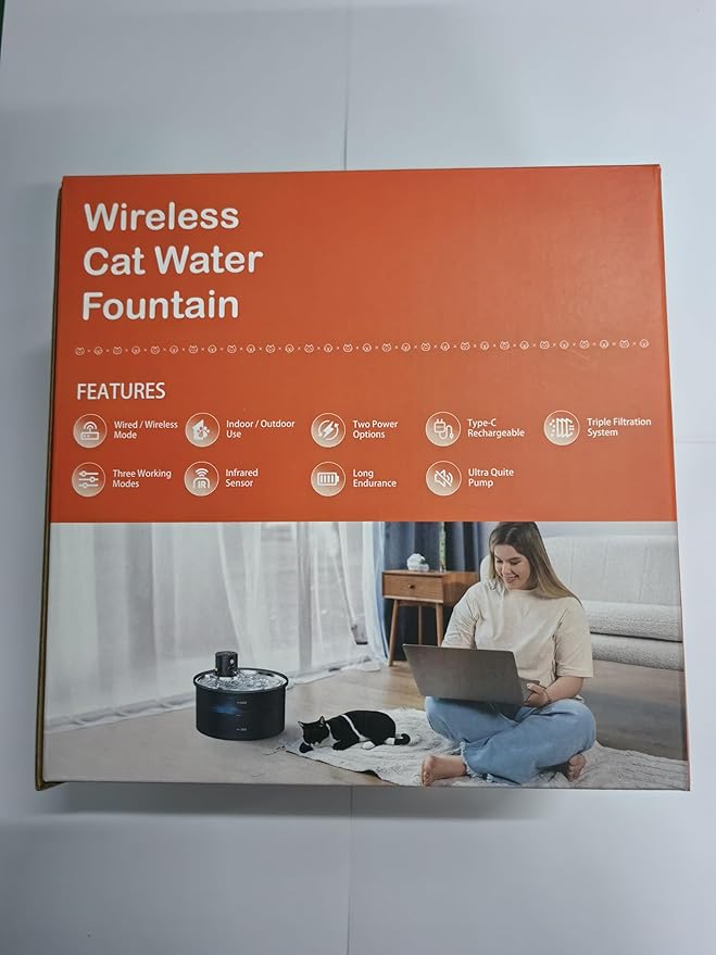 Battery Operated Cat Water Fountain: Wireless Pet Fountain Stainless Steel with Filter - 108oz/3.2L Cordless Cat Dispenser with Motion Sensor Rechargeable Automatic Drinking Fountains for Cats Indoor
