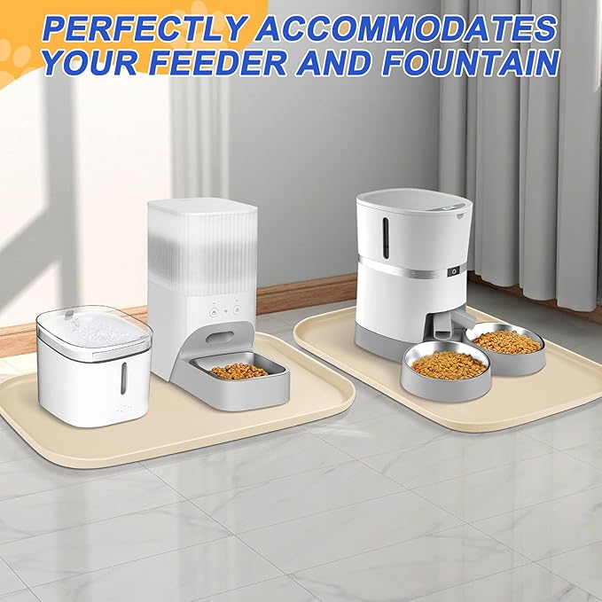 Silicone Pet Feeding Mat with Raised Edge for Food and Water, Dog Bowl Mats, Cat Bowls Placemat with High Lip for Floor Waterproof, Rubber Tray for Cats and Dogs 24 x 16 x0.8 White Sand