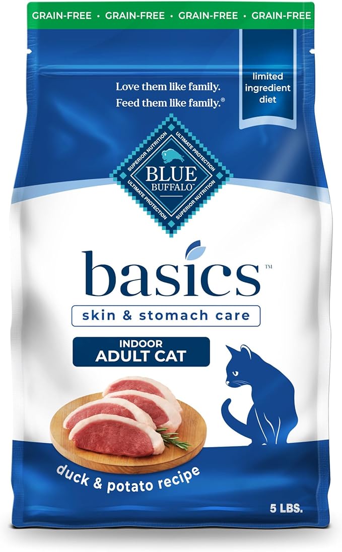 Blue Buffalo Basics Grain-Free Dry Cat Food, Skin & Stomach Care, Limited Ingredient Diet for Indoor Cats, Duck & Potato Recipe, 5-lb. Bag