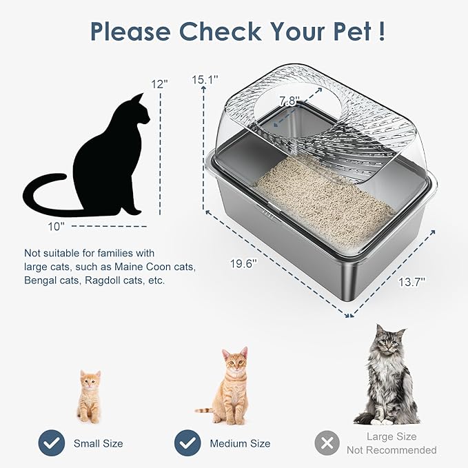 8" Deep Stainless Steel Litter Box with Lid, Top Entry Litter Box for Dog-Proof, Covered Cat Litter Box with Filter Footboard & Scoop, Odor Control, Anti-Leakage, Non-Sticky, Easy Cleaning (Ivory)