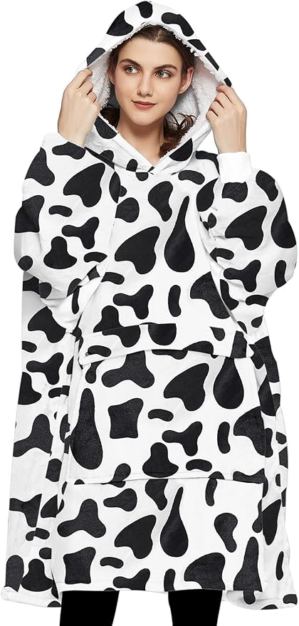 KFUBUO Wearable Blanket Hoodie for Adults Sherpa All Patterns Oversized Sweatshirt Blanket with Pockets Printing-dairycow