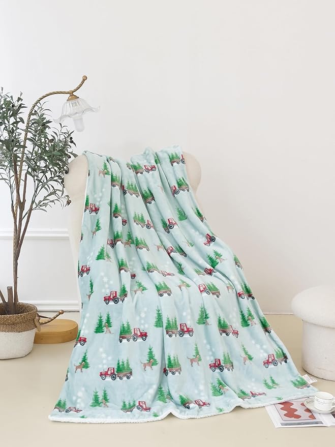 Elegant Comfort Reversible and Ultra-Plush Flannel Fleece-Winter Christmas Sherpa Throw- Lightweight Soft and Cozy-Holiday Decorative Throw, Perfect for Lounging, 50 x 60 inches, Tractor Tree