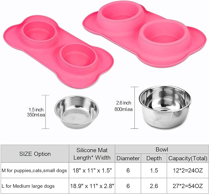 AsFrost Dog Food Bowls Stainless Steel Pet Food Bowls & Dog Water Bowls, Dog Bowls Silicone Mat No Spill Non-Skid Feeding Bowls for Small Size Dog Puppy Cat Food Dish, Pink, 3 Cup/24oz, Set of 2 Bowls