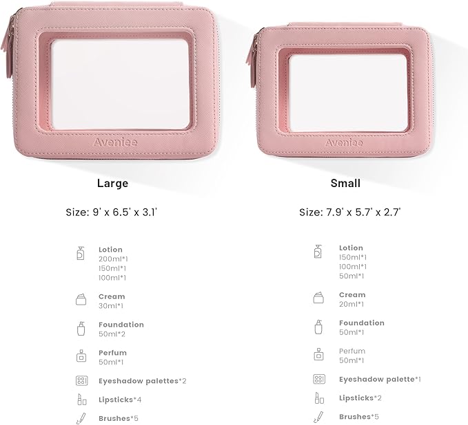 Aveniee Clear Makeup Bag Organizer, Portable Travel Toiletry Cosmetic Bag Case for Women, Heavy Duty Vegan Leather Make Up Pouch Car Bag for Essentials 2pcs(Middle & Large) - Pink