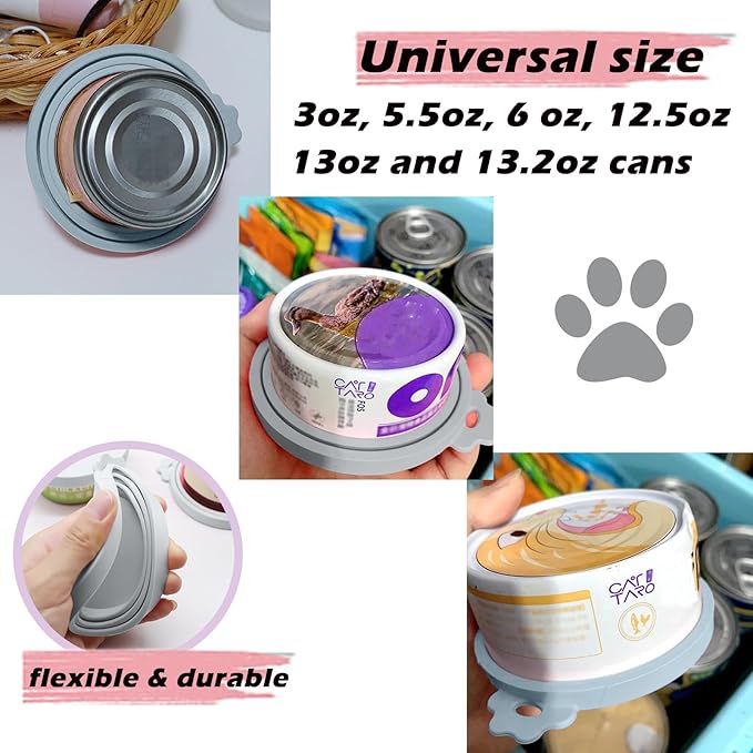 Pet Food Can Spoon & 3 Pcs Can Covers | Cute Paw Shape Opener Spatula Cat Wet Food Spoon | Universal BPA Free Silicone Can Lids & Spoon for Dog Cat Cans(Grey)