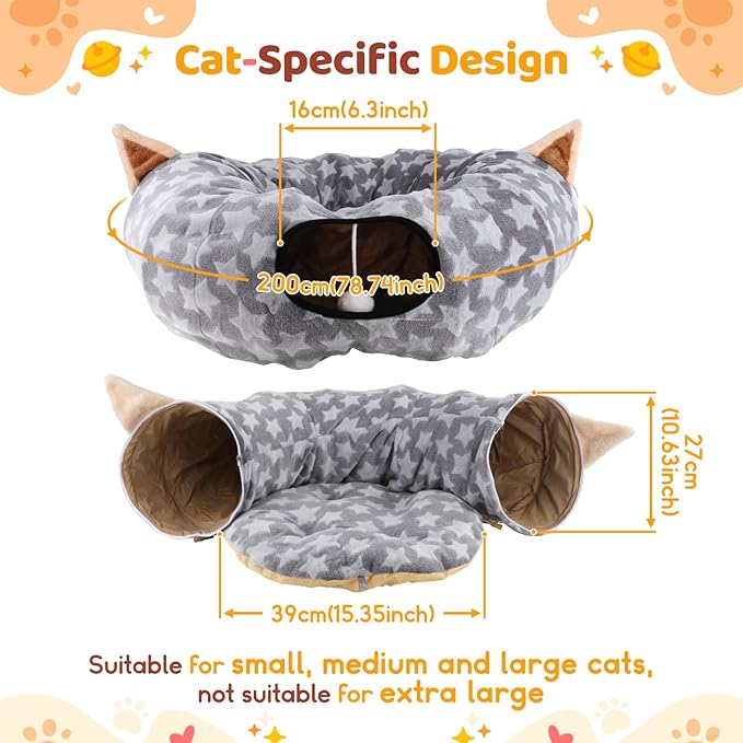 Cat Bed Tunnel Tree Skirt, Round Cave Donut Play Tunnels for Indoor Cats Large, 2 in 1 Soft Plush Mat and S Shape Collapsible Circle Tube with Zippers Hanging Ball Toy