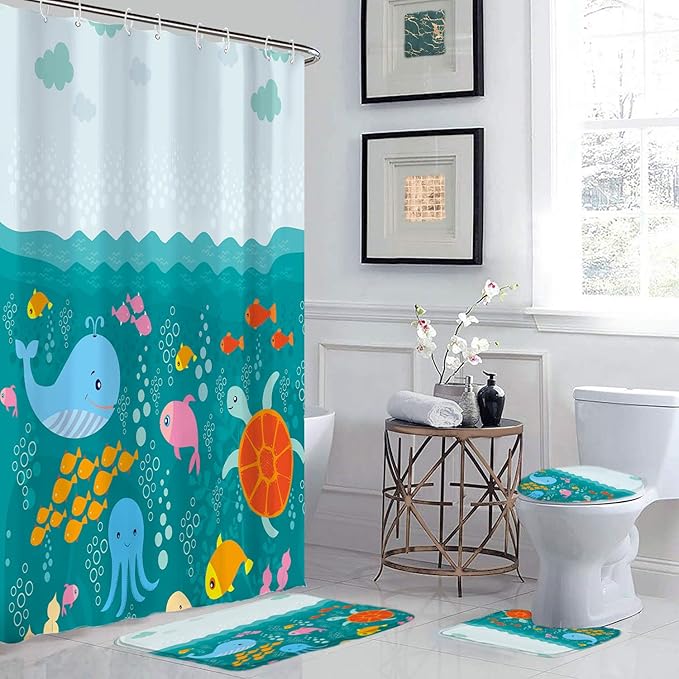 4 Pcs Lovely Cartoon Sea Creatures Fabric Shower Curtain for Kids with Non-Slip Rugs, Whale Turtle and Fish Bathroom Decor Curtain for Girls and Boys Fabric Polyester Waterproof 72 * 72in