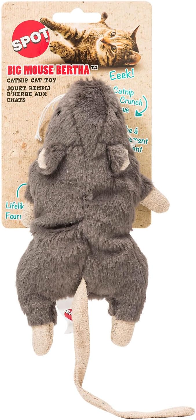 SPOT Big Mouse Bertha with Catnip - Lifelike Cat Toy, Fuzzy Mice with Catnip and Crinkle Sound, Large Size for Cuddling, Chasing, Playing - 7in Plush Toys, Assorted Colors