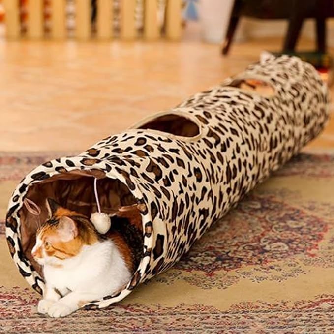 LeerKing Extra Long Cat Tunnel 51"(L) Dia 12" for Large Fat Cat connectable Crinkle Tube Indoor Outdoor Hideaway Toy for Kitty Bunny and Puppy Leopard