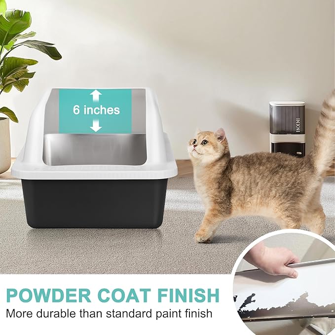 2 Pack XL Stainless Steel Litter Box Enclosure with Lid, Stainless Steel Cat Litter Pan for Big Cats, Large Metal Litter Box with High Wall, Easy Cleaning White Cover(Black Coated)