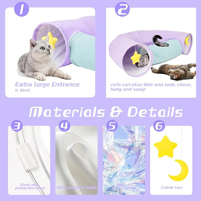Cat Tunnel,Cat Tunnels for Indoor Cats Collapsible Large Cat Tunnel Cute Cat Tunnel Toy for Cat,Kitten,Puppy,Rabbit,Purple