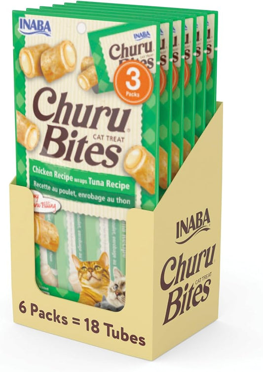 INABA Churu Bites for Cats, Soft Baked Chicken Churu Filled Cat Treats with Green Tea Extract, 0.35 Ounces Each Tube, 18 Tubes Total (3 per Pack), Tuna Recipe