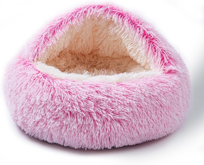Cat Bed Calming Cat Beds,Indoor Washable Cat Bed，Anti-Slip Faux Fur Fluffy Cuddler Anxiety Cat Bed,Warming Cuddler Cushion Bed for Small Medium Dogs and Cats (Gradient Pink, 20 * 20inch)