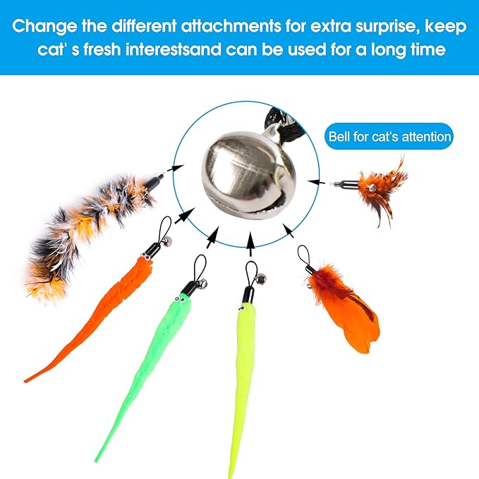 9 PCS Cat Fishing Pole Toy, Retractable Cat Feather Toys with Cat Wand Plush Fish Worm Feathers with Bells Catnip Interactive Cat Teaser Toys for Kitten Cat