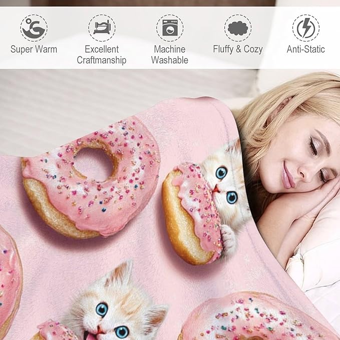 Donut Cat Blanket Donut Gifts for Girls Boys Woman Kids Donut Cat Lover Throw Blankets Soft Blanket Warm Fleece Flannel Plush Blankets for Bed Sofa Couch 50"x60"