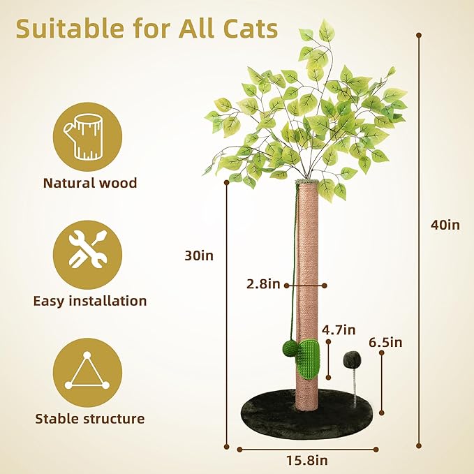 40" Tall Cat Scratching Post for Kitten and Large Cats, Durable Scratching Post for Indoor Cats with Self-Grooming Rubber Brush, Cat Sisal Post with Simulated Leaves