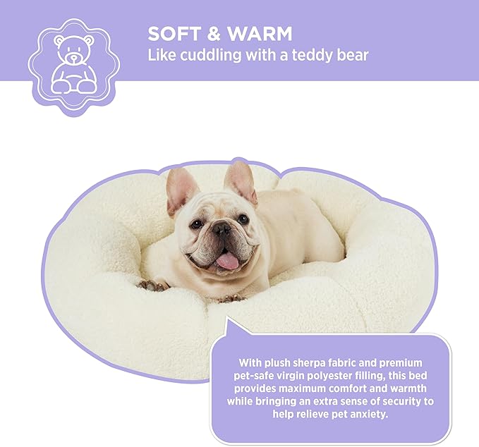 Lesure Calming Medium Dog Bed - Flower Donut Round Fluffy Puppy Bed in Plush Teddy Sherpa, Non-Slip Cute Flower Cat Beds for Indoor Cats, Medium Pet Bed Fits up to 45 lbs, Machine Washable, Cream 30"