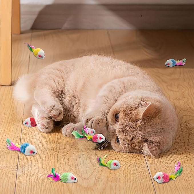 Andiker 12Pcs Cat Mouse Toy for Indoor Cats, 3.93'' Colorful Cat Mice Toy in Random Colors with Feather Realistic Mice Toys for Cat Cute Cat Plush Mouse Toy for Cat to Catch Play (Mix Color)