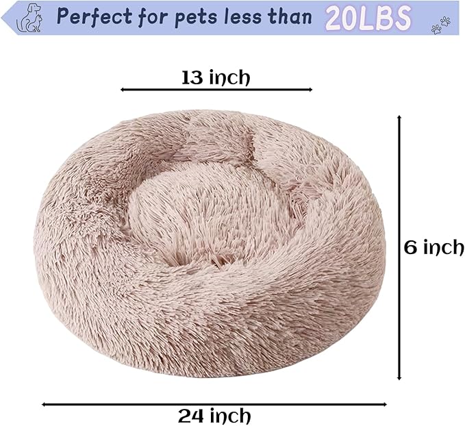 Dog Bed for Indoor, Faux Fur Calming Dog & Cat Bed 24' Anti-Anxiety Donut Soft Plush Cushion for Small Medium Dogs & Cats with Slip-Resistant Bottom(Khaki)