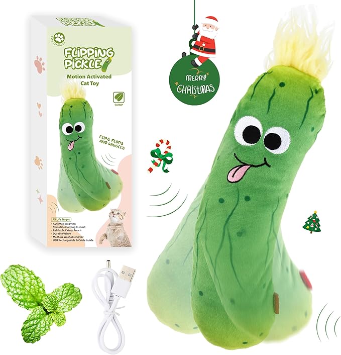 Gigwi Interactive Cat Toys, Rechargeable Flapping Wiggle Pickle with SilverVine Catnip, Beating Tails Cat Toys for Indoor Cat, Touch Activated Best Gift For Birthday, Thanksgiving, Christmas, New Year