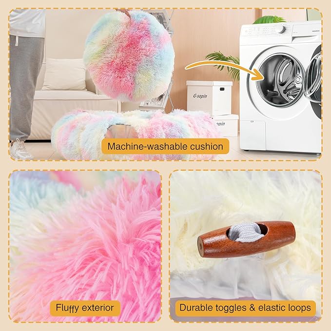 Avont Cat Tunnel Bed with Central Washable Cushion - Large Cat Tunnel Tube Toys 3 Shape to Play for Indoor Cats Kittens Puppies Ferret, Round Plush Fluffy Cat Bed with Tunnels -Rainbow