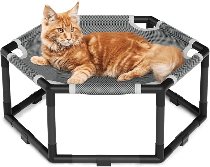 Tresbro Elevated Cat Hammock Bed, Hexagon Raised Cat Swing Bed for Indoor and Outdoor Use with Breathable Fabric & Anti-Slip Block, 20.5'' x 18'' x 9.4'' Pet Chair for Large to Small Kitty Cot