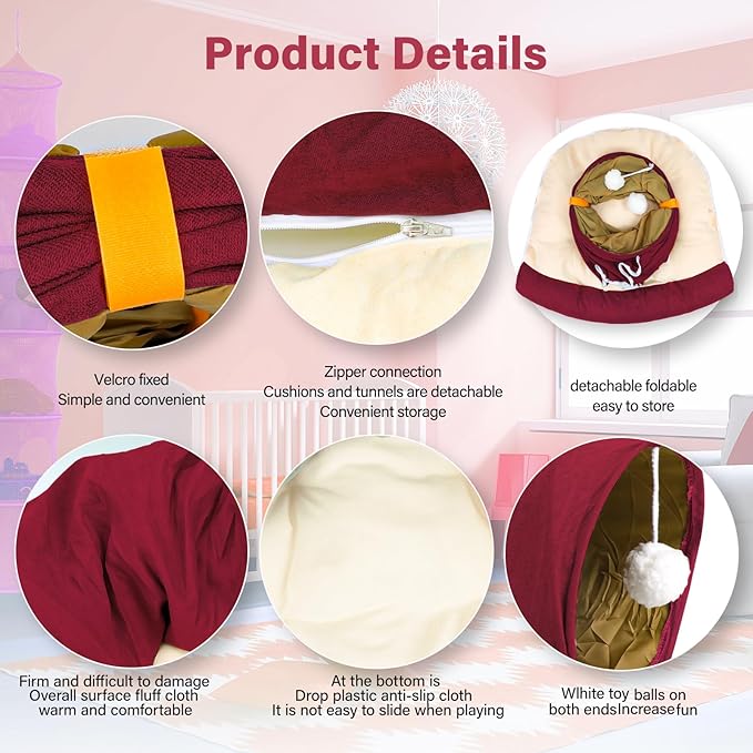 BWOGUE Bunny Tunnel Bed, 2-in-1 Collapsible Tunnel Tubes Toys with Removable Mat Hideout for Cats Kittens Rabbits Guinea Pigs Kitty