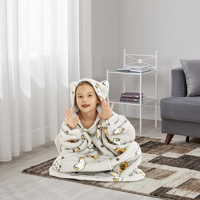 THREE POODLE Wearable Blanket Hoodie for Kids, Oversized Sherpa Sweatshirt Blanket with Giant Hood, Warm Cozy Cat Hooded Blanket, Cute Gifts for Kids Girls Boys