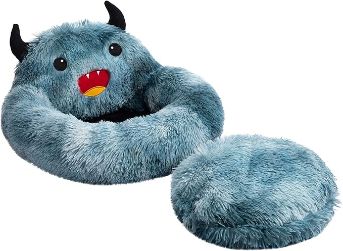 Hollypet Self-Warming Donut Pet Bed Luxury Cozy Nest Monster Sleeping Bed Round Faux Fur Bed for Cats, Blue