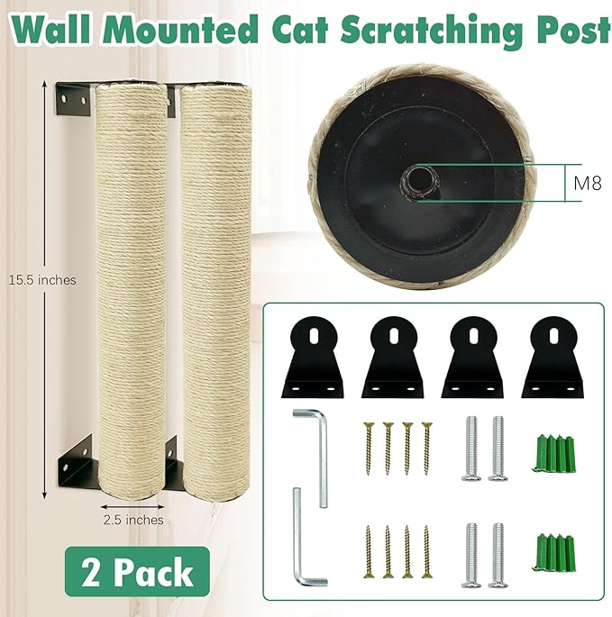 Wall Mounted Scratching Post for Cats 16 Inches Sisal Rope Cat Wall Scratcher Posts 2 Pack of Wall Mount Cat Furniture for Indoor Kittty to Scratch and Climbing with Feather Toys