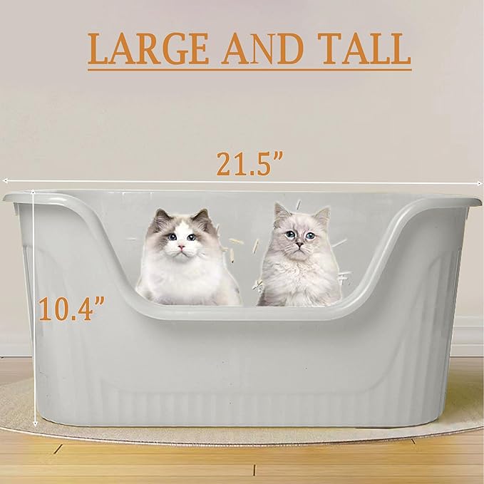 High Sided Large Cat Litter Box, Open Kitty Litter Box with High Sides, 21.5”×15.4”×10.5” High Wall Litter Box for Small and Medium Cats (Grey)