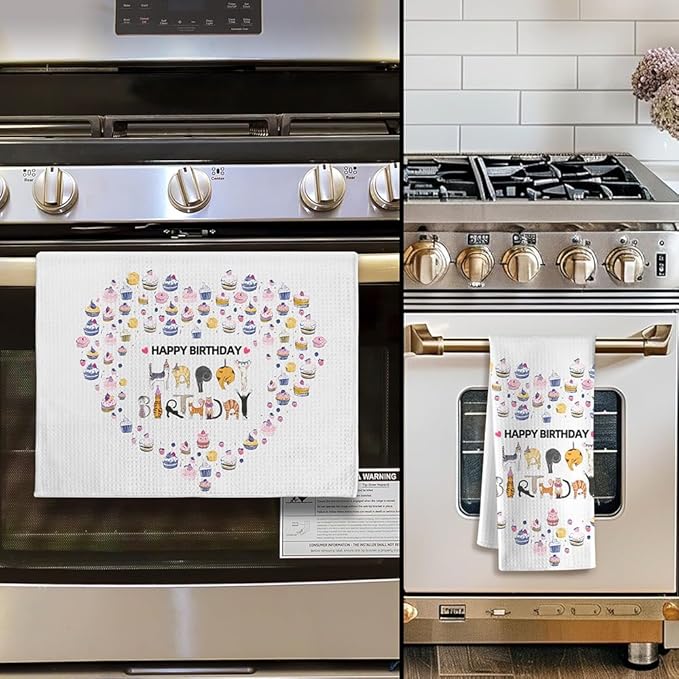 Happy Birthday Cat Towel,Cat Mom Gifts,Cat lady Gifts,Cat Gifts for Women,Crazy Cat Lady Gifts,Cat Kitchen Towels,Cat Hand Towel,Cat Dish Towels,Cat Kitchen Accessories-Gifts for Cat Lovers for Women