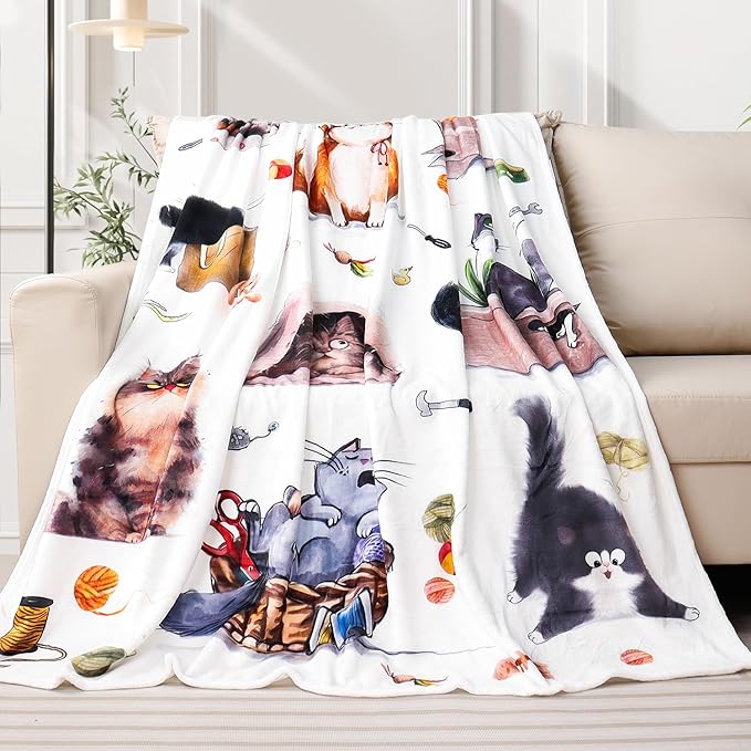 Cat Throw Blanket Cute Cats Bed Blanket for Cat Lovers Animal Print Blankets Super Soft Flannel Fleece Blankets Cozy Fuzzy Plush Throw Blanket for Couch Chair