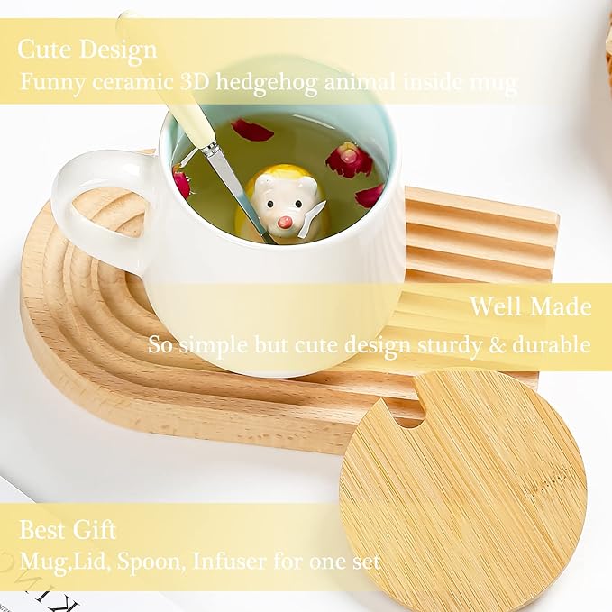 BigNoseDeer Hedgehog Mug Cute Mugs with 3D Hedgehog Inside Ceramic Coffee Mug with Spoon and Lid Mugs for milk,coffee and tea lovers Birthday Cute Gifts for Women 13.5oz