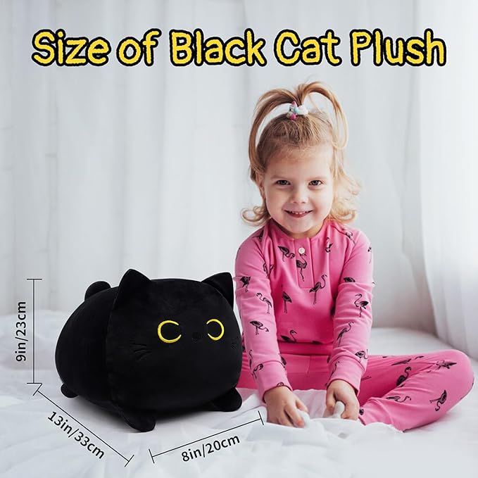 Black Cat Plush Pillow,13" Black Cat Stuffed Animals.Cute Black Cat Plushie,Kawaii Plush Cat Pillow,Stuffed Cat Toys for Kid,Black Cat Gift for Birthday Christmas