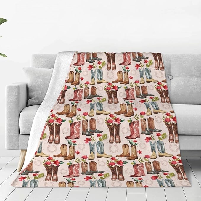 Western Cowboy Blanket Country Cowboy Boots Throw Blanket Super Soft Cozy Plush Lightweight Fleece Flannel Flower Decor Blanket Gifts for Girls Boys Women Men Adults for Sofa Couch 60"X80"