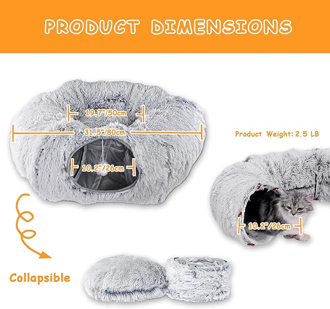 Cat Tunnel Bed for Indoor Cats Multifunctional Large Cat Tunnel 3 in 1 Cat Tubes and Tunnels Peekaboo Cat Cave Fluffy Donut-Shape Pet Play Tunnel for Multiple Cats Kitten Small Puppies (Grey)