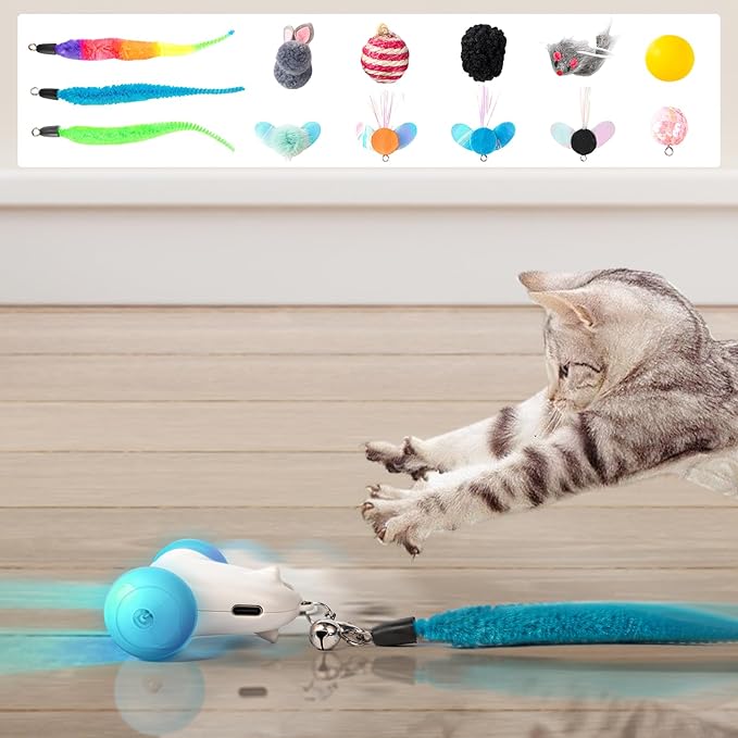 Interactive Cat Toys for Indoor Cats, 2-Speed Smart Automatic Cat Mouse Toy with LED Wheels, USB Rechargeable, with 13 Toy Pendants (New Model)