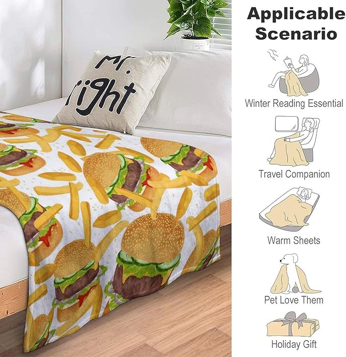 Hamburger French Fries Throw Blanket Burgers Food Funny Cute Meat Print Blankets Gifts Couch Sofa Bed Stuff Decor Soft Cozy Lightweight Fleece Plush Flannel Bedding for Lover Men Women Adults 40"x50"