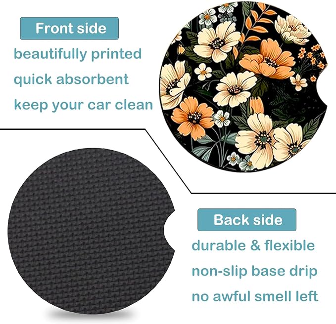 Car Coasters for Cup Holders,2 Pack Flowers Car Coasters,2.75" Universal Size Anti Slip Rubber Mat,Automotive Cup Holder Decal Decor Accessories,Rubber Car Cup Mat for Women,Men,Mom