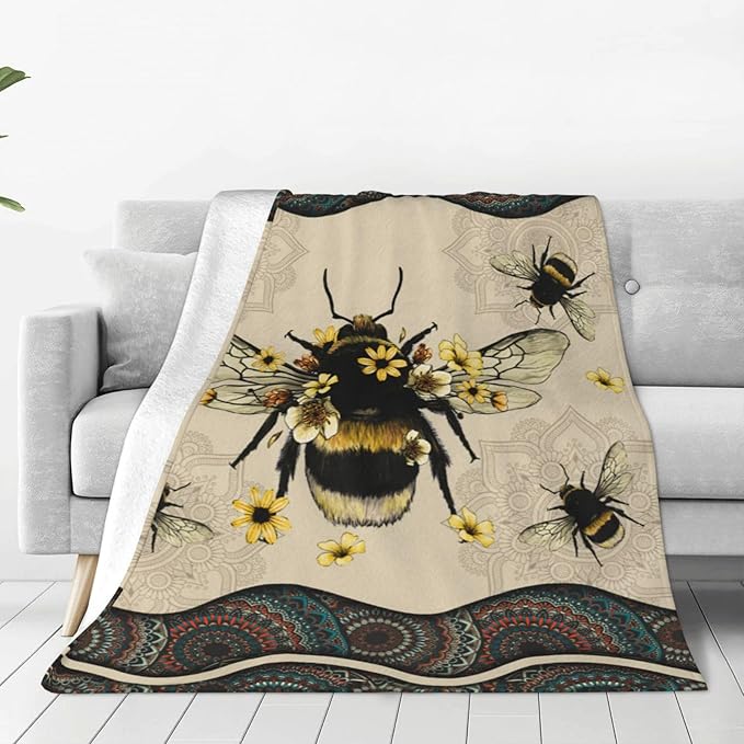 Bee Blanket Bees Sunflower Decor Throw Blanket Super Warm Soft Plush Lightweight Fleece Flannel Winter Bohemia Blanket Gifts for Girls Boys Baby Kids Women Couch Bedding 50"X60"