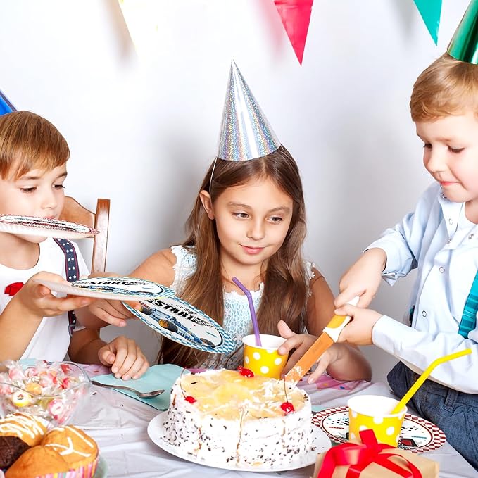 96 Pcs Racing Car Party Supplies Decorations, Checked Race Car Track Paper Plates and Napkins Party Supplies Disposable Tableware Dinnerware for Boys/Kids/Men Birthday Party, Serves 24