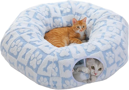 PEQULTI Cat Tunnel with Cat Bed for Indoor Cats, Cat Play Donut Tunnel with Washable Soft Plush Mat, Round Cat Tunnel Toys Cute Cat Tube for Kittens, Puppies, Rabbits and Ferrets, Blue