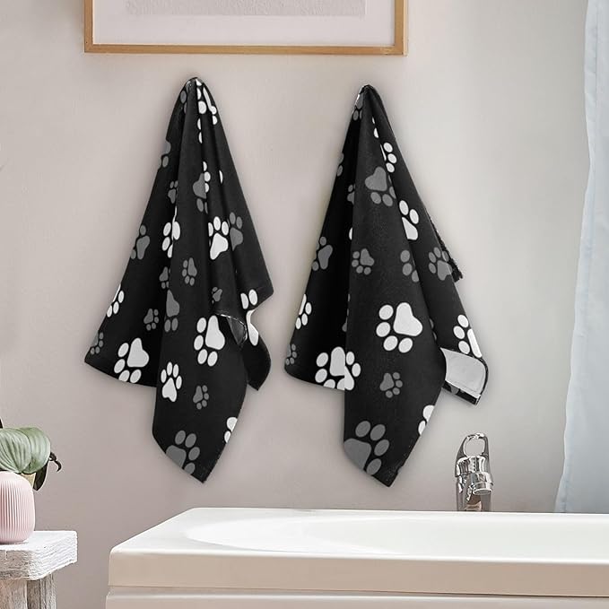 2 Pack Black White Grey Hand Towels for Bathroom,Soft Absorbent Dog Cat Paw Gray Towels for Kitchen,Cute Animal Pet Footprint Decorative Guest Bathroom Towels for Bath,Face,Shower,Gym 14"x28"